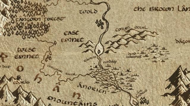 Amon Hen and its surroundings on the parchment map of Middle-earth