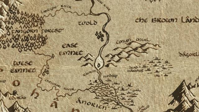 Argonath and its surroundings on the parchment map of Middle-earth
