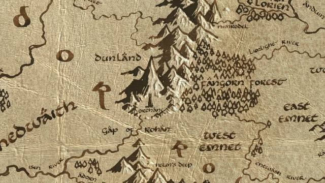 Dam on the River Isen and its surroundings on the parchment map of Middle-earth