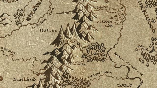 Dimrill Dale and its surroundings on the parchment map of Middle-earth