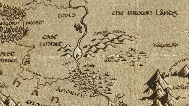 Emyn Muil and its surroundings on the parchment map of Middle-earth