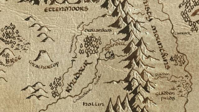 Ford of Bruinen and its surroundings on the parchment map of Middle-earth