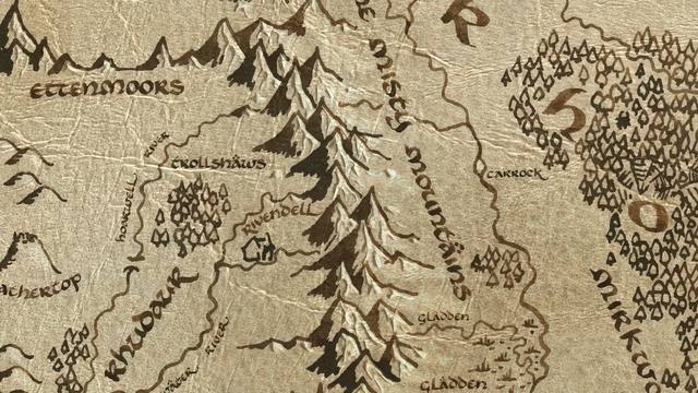 Goblin-town / High Pass and its surroundings on the parchment map of Middle-earth