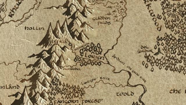 Lothlórien and its surroundings on the parchment map of Middle-earth