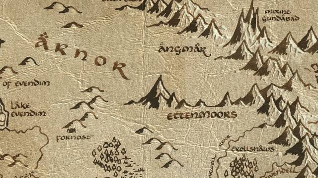 Mount Gram and its surroundings on the parchment map of Middle-earth