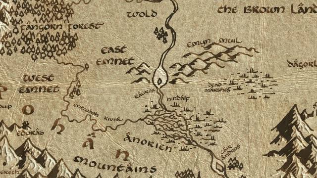Rauros Falls and its surroundings on the parchment map of Middle-earth