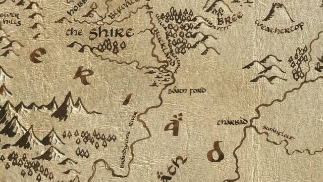 Sarn Ford and its surroundings on the parchment map of Middle-earth