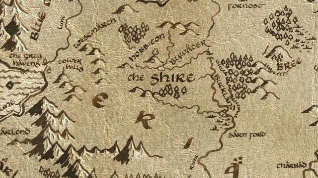 The Shire and its surroundings on the parchment map of Middle-earth