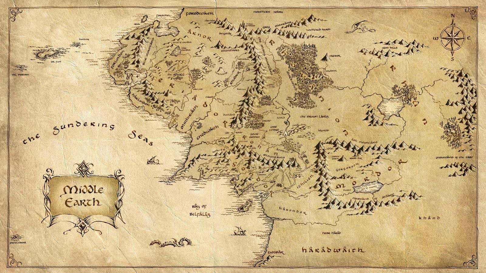 Map of Middle-earth on aged parchment, showing the Shire, the Misty Mountains, Rohan, Gondor and Mordor