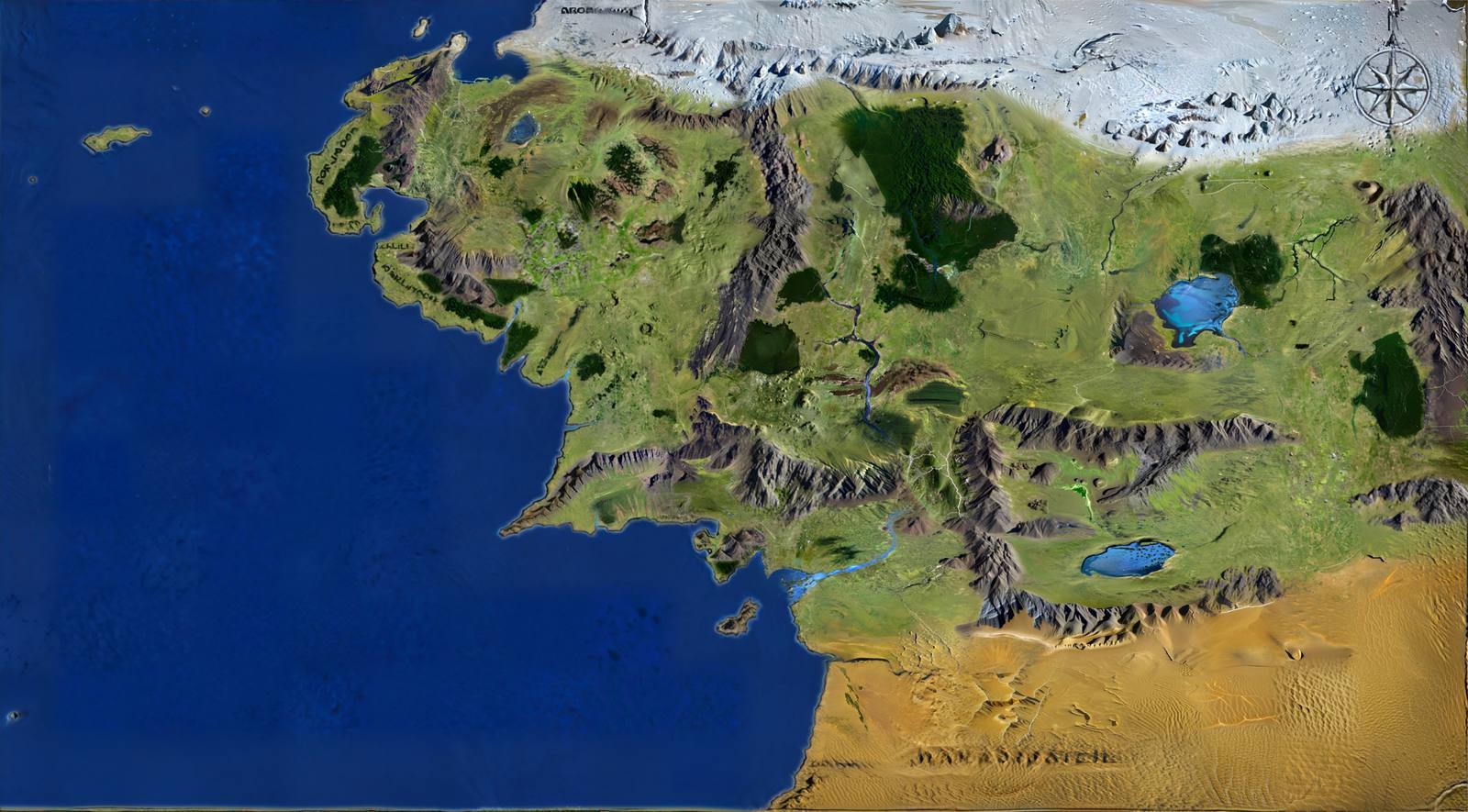Satellite map of Middle-earth: green plains, snow-capped mountain ranges, blue seas and the deserts of Harad